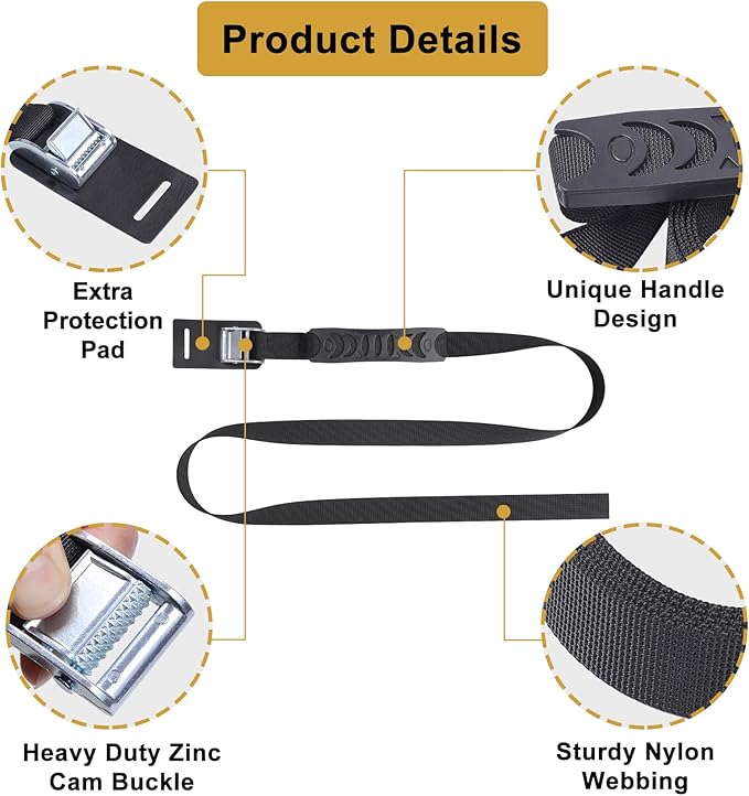 5' Carrying Strap with Handle, Adjustable Heavy Duty Cam Buckle Tie Down Straps for Safely Moving and Lifting Heavy Boxes, Camping Chairs and Mat (Black, 2pcs)