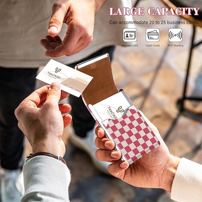 2Pack Leather Stainless Steel Business Card Holder, Metal Slim Business Card Case for Women or Men, Pocket Business Card Carrier with Prints, Magnetic Closure, RFID Blocking