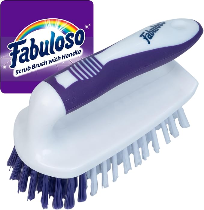 Fabuloso Cleaning Brush with Handle Compact Handheld Household Scrub Brush Kitchen Bathroom Baseboards Tile and Floors Firm Bristles Indoor Surface Cleaning White Purple 5.5 Inch Everyday Cleaning