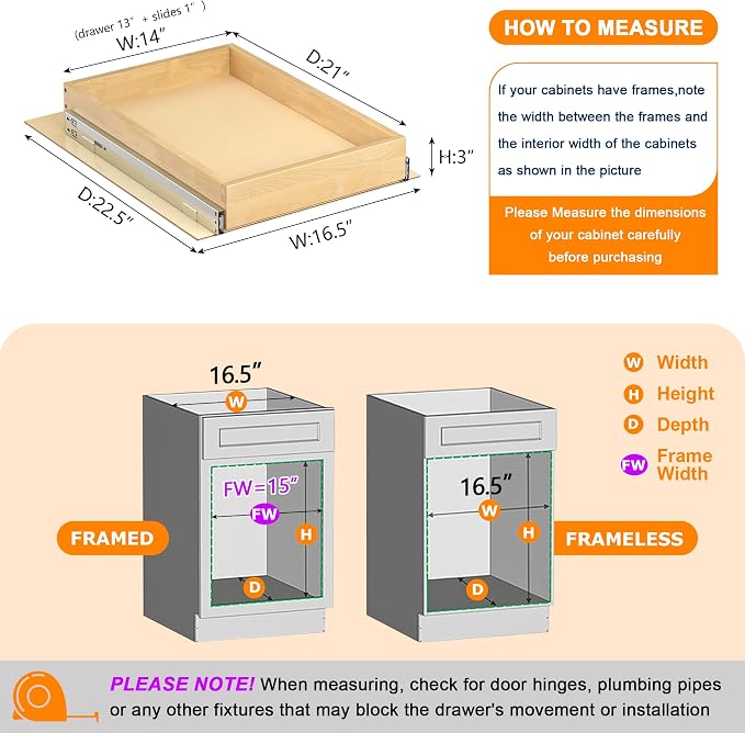Pull Out Cabinet Organizer, 14" W x 21" D | Soft Close Pull Out Drawers for Cabinets with Heavy Duty Slides, Wood Slide Out Drawers for Kitchen Cabinets