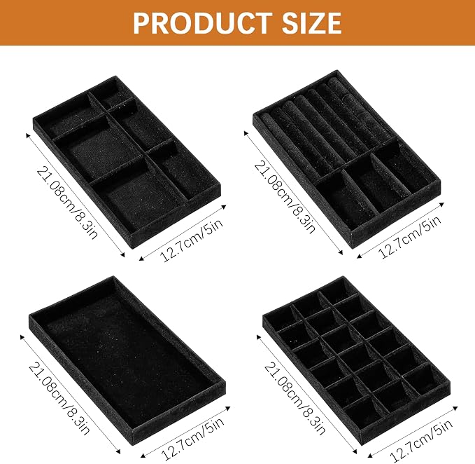 8 Pack 4 Styles Velvet Jewelry Tray, 8" x 5" Jewelry Organizer Tray Stackable Jewelry Storage Tray, Drawer Jewelry Tray for Rings, Earrings, Necklace, Bracelet, Black