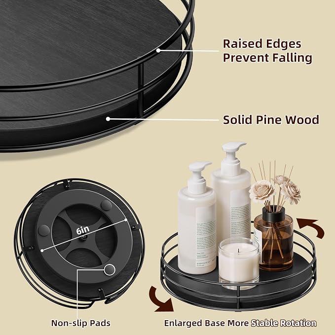Optish 2 Pack 9" 10" Lazy Susan Turntable for Table Top, Wooden Lazy Susan Organizer for Cabinet, Kitchen, Countertop, Pantry, Spice Organizer, Bathroom, Vanity, Table Decor, Black