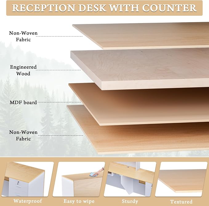 Ceridwen L-Shaped Large Wooden Reception Desk, Modern Front Desk Reception Counter with Lockable Drawers, Storage & Keyboard Tray for Office Lobby Checkout (Right-Oak & White, 71''L x 34''W x 41''H)
