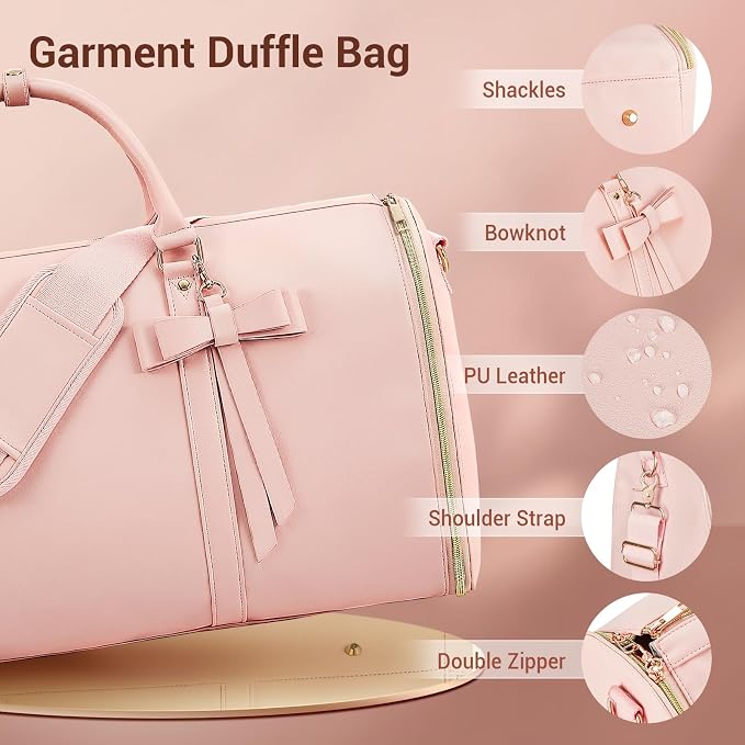 Garment Bags for Travel, Convertible Suit Travel Bag for Women, Stylish Carry On Garment Bag with Toiletry Pocket, Shoulder Strap and Shoes Compartment, 2 in 1 Foldable PU Leather Duffle Bag, Pink