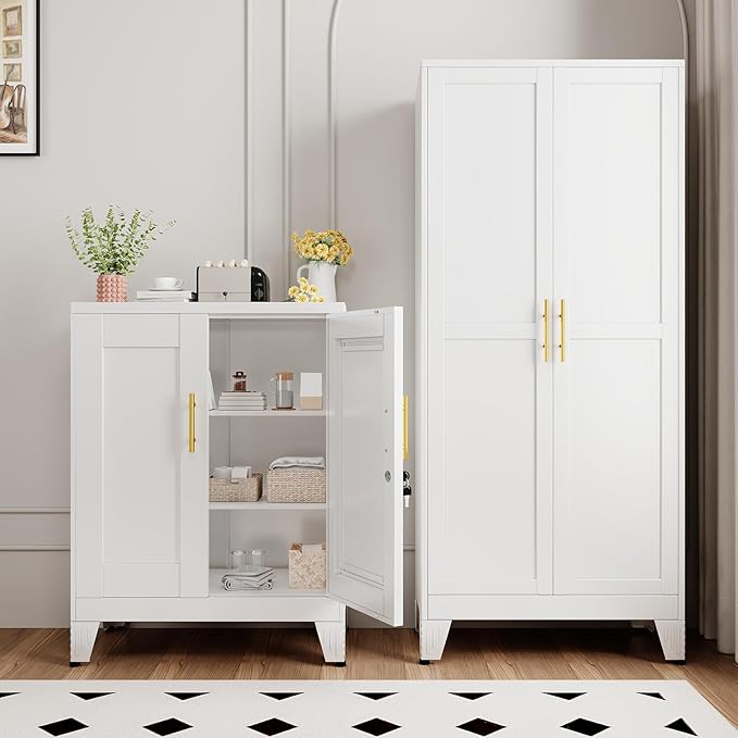 White Metal Storage Cabinet, 36" Tall Locking Storage Cabinet with 2 Adjustable Shelves, Steel Locker Organizer, for Office, Home, School