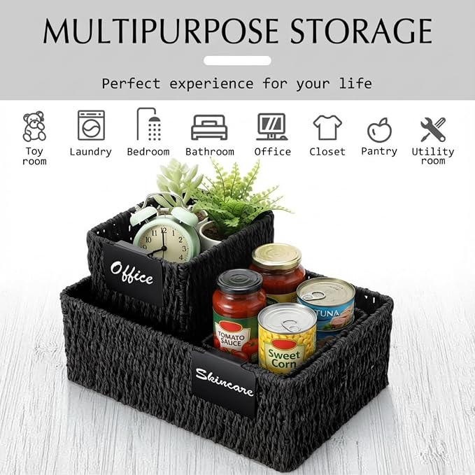 Marsui 6 Pcs Wicker Storage Baskets for Pantry Organization with Labels Handwoven Paper Rope Multi-size Black Wicker Storage Bins for Organizing Small Baskets Container for Shelves Closet Toilet