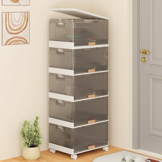 Giantex 5 Tier Stackable Storage Bins with Lids, 22.5 Gal Foldable Shoe Storage Box with Detachable Wheels & Flip-Up Doors, Collapsible Closet Organizers and Storage Bins