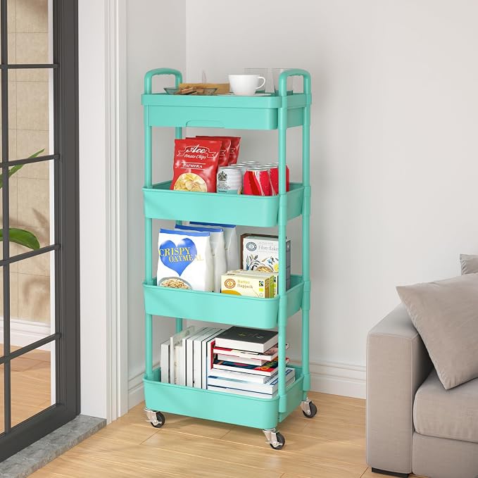 Calmootey 4-Tier Rolling Utility Cart with Drawer,Multifunctional Storage Organizer with Plastic Shelf & Metal Wheel,Storage Cart for Kitchen,Bathroom,Living Room,Office,Green | Space-Saving Organizer, Sturdy Plastic Shelves, Smooth-Rolling Metal Wheel...