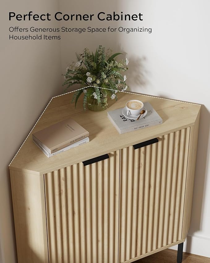 Modern Corner Cabinet, Fluted Wood Floor Storage Cabinet with Adjustable Shelf, Freestanding Narrow Organizer for Living Room Kitchen, Light Oak