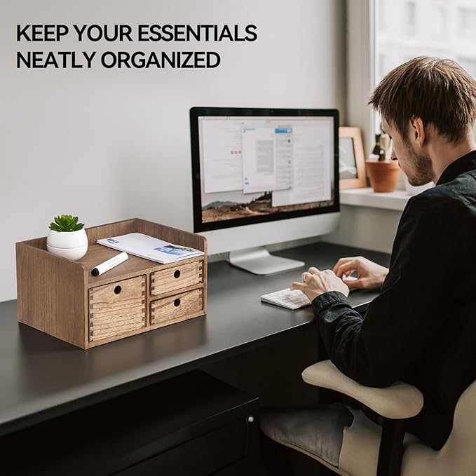 KIRIGEN Desk Organizer with 3 Drawers - Wood Drawer Storage Box with Trays for Tabletop - Workspace Office Toiletries Supplies Tool Caddy - Wooden Storage Cabinet1 Layer Dark Brown（DT1D3C-DBR）