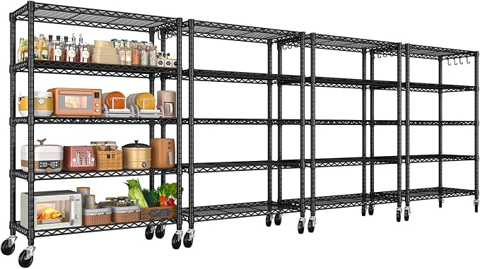 5 Tier Storage Shelves 74"H Wire Shelving Adjustable Metal Shelving,1250LBS Pantry Shelves Sturdy Steel Wire Shelf for Kitchen Commercial Pantry Garage Warehouse ,74"H X36"W X14"D, Black 4PACK