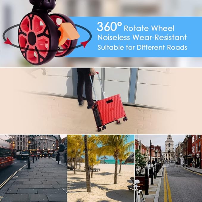 SELORSS Foldable Utility Cart Portable Collapsible Crate Rolling Carts with Wheels Rolling Tote Basket Teacher Cart with Lid Wear-Resistant 360°Rotate Wheel Noiseless for Shopping Storage Office Use