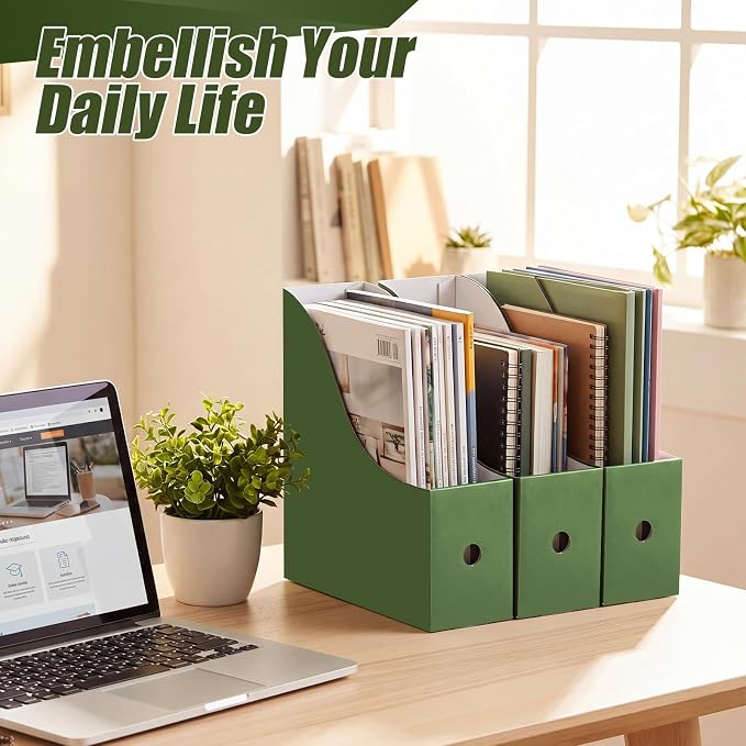 Thenshop 24 Pcs Cardboard Magazine File Holder Organizer, Desk File Organizer Box Foldable Book Bin Papers Storage Folder with Label for School Classroom Office Supplies (Classic,Dark Green)