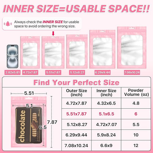 100 PCS Pink Resealable Mylar Bags with Frosted Clear Window Packaging Bags Foil Pouch Zipper Bag for Food Self Sealing Storage Supplies 5.51x7.87