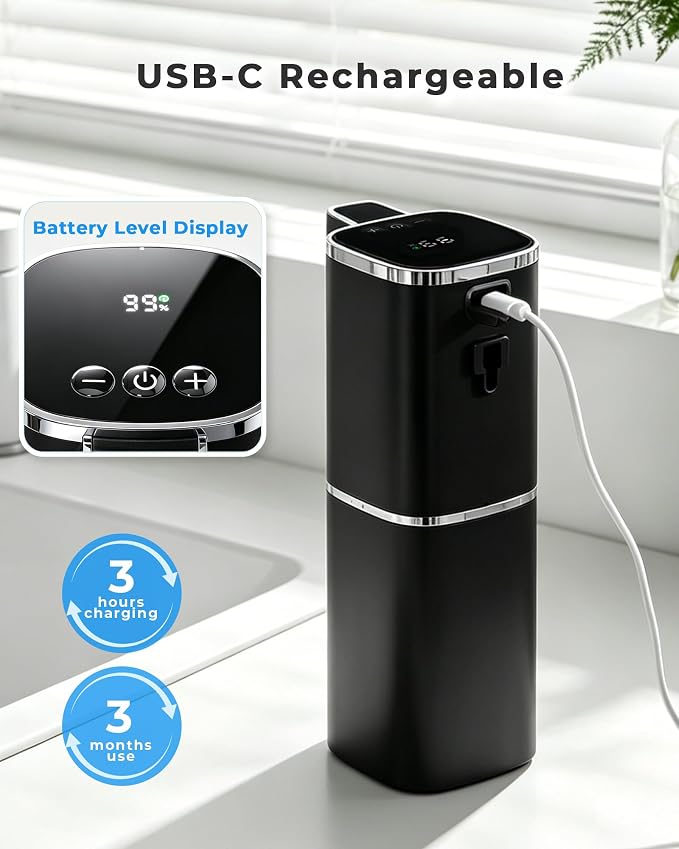 Automatic Soap Dispenser, USB Rechargeable, Touchless & Wall/Tabletop | 13.5oz/400mL, 9-Level Adjustable, IPX5 Waterproof，Compatible with Thick Thin Dish Soap for Kitchen Bathroom, Black
