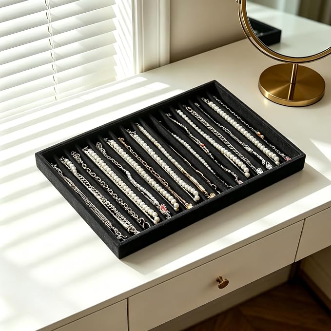 Large Stackable Jewelry Tray 4 Pack Velvet Jewelry Display Drawer Inserts Trays Organizer for Earring Bracelet Necklace Ring (Black, 17 Grids)