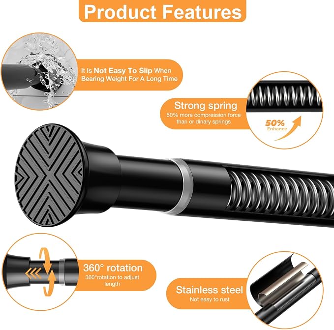 2Pack Spring Tension Curtain Rod 24 to 46Inch, Black Tension Rod for Windows Shower Curtain Rods No Drilling Expandable Adjustable Curtain Rods for Windows,Doorway,Bathroom,Closet