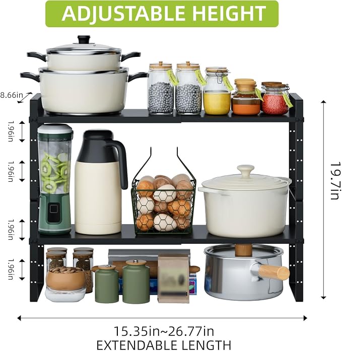 Expandable Cabinet Shelf Organizer Rack, Stackable Kitchen Counter Storage Shelves Stand, Adjustable Height Pantry Shelf Spice Rack (Black-2 Pack, 8.7" D x 15.4-26.8" W x 9.8" H)