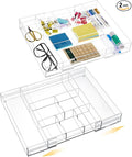 Briwooody 2 Pcs Acrylic Desk Drawer Organizer Maximum 12 x 18 x 2.1 Inch Expandable Drawer Organizer Trays with 8 Adjustable Compartments Desk Accessories for Makeup Silverware Office Bathroom