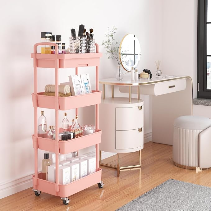 Calmootey 4-Tier Rolling Utility Cart with Drawer,Multifunctional Storage Organizer with Plastic Shelf & Metal Wheel,Storage Cart for Kitchen,Bathroom,Living Room,Office,Pink | Space-Saving Organizer, Sturdy Plastic Shelves, Smooth-Rolling Metal Wheels...
