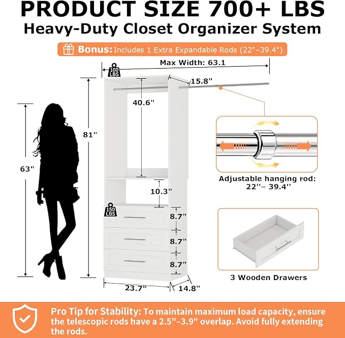 Closet System with 3 Drawers, 2FT-5FT Closet Organizer System with Shelf, Freestanding Walk-in Modular Closet System, Small Wood Closet Drawer System, White, Single Unit