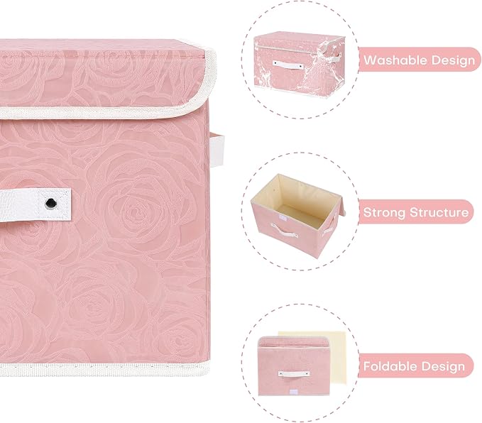 ANMINY 4PCS Fabric Storage Bin with Lid Rose Print Storage Box Basket with PU Leather Handles Washable PP Plastic Board Decorative Foldable Lidded Shelf Cubes Closet Organizer - Pink, Small Size