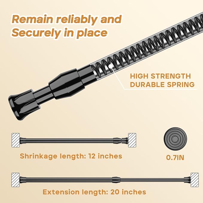 Spring Tension Curtain Rods 12–19 Inch Black 2 Pack | No-drill & tool-free setup. Fits windows, kitchens, doorways. Rust-resistant, great for light curtains.
