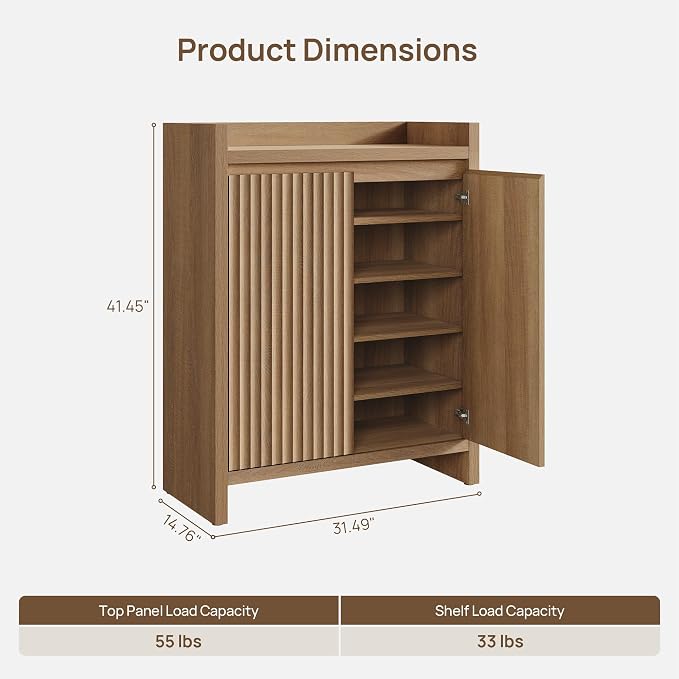 SICOTAS Shoe Cabinet - Fluted Shoe Storage Cabinet for Entryway, 24-Pair Shoes Organizer with Doors & Adjustable Shelves, 6-Tier Shoes Rack Entrance Storage Cabinet for Hallway, Closet, Living Room