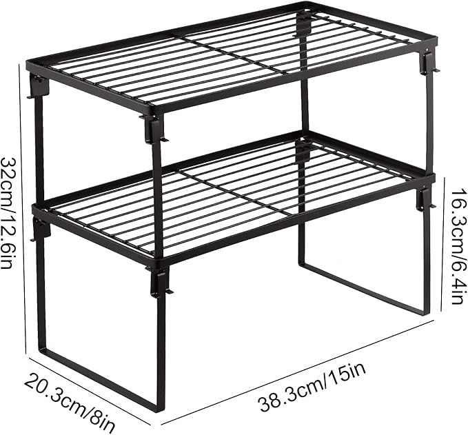 Tomorotec 2-Pack Stackable Kitchen Storage Shelf Rack Metal Cabinet Shelves | Metal Cabinet Organizer Shelf for Spices, Pantry, Cupboard Countertop, with Removable Support Legs for Easy Storage (Black)
