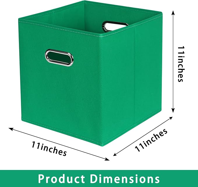 Green Foldable Storage Bins, 11x11x11, Set of 6, (Fabric Cube Organizer with Handle, for Cloth or Accessory Storage)