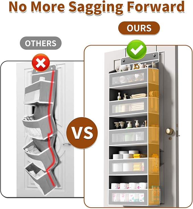 AQOOA 5-Tier Over The Door Organizer, Over the Door Storage 5 Large 10 Side Pockets 44 lbs Load Behind Door Storage, Closet Door Organizer Hanging Shelf for Bathroom Bedroom Nursery, Grey