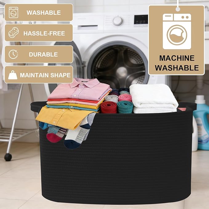 96L Extra Large Black Cotton Rope Laundry Basket with Sturdy Handle | 24x16x15 Foldable Rectangular Blanket Basket for Toys, Clothes & Pillows,Ideal for Nursery, Bathroom, Bedroom, Living Room