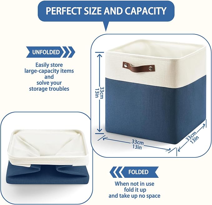Patvingot Fabric Storage Cubes 13", 4 Pack, with PU Pull Handles,Foldable | For accessories on cube shelves or in closets; reinforced opening, pull-out access, folds flat when empty,white and blue