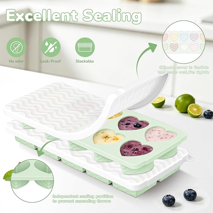 Doasuwish Ice Cube Trays for Freezer with Lids, 2-Tbsp 10-Cube Square & Heart Ice Trays, Covered Ice Molds for Iced Coffee & Cocktails, Freeze 30mL/15mL Portions -2 Pack