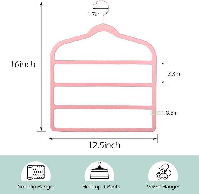 Velvet Pants Clothes Hanger Space Saving Non Slip Pants Shorts Hanger, Myfolrena Jeans Slack Trousers Hangers Multiple Velvet Hanger Closet Storage and Organization for Jeans,Scarf,Tie(Pink, 5)