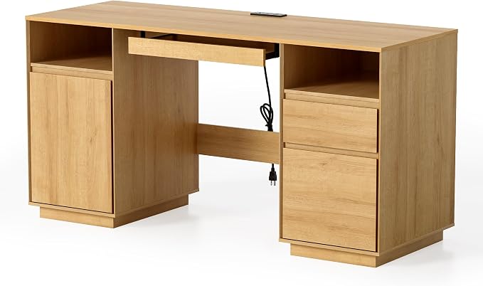 EYYTHUNG 59" Executive Desk, Farmhouse Large Home Office Desk with File Drawer & Outlet & Storage Cabinet, Wood Computer Desks with Keyboard Tray, Workspace for Study Writing, Natural Oak