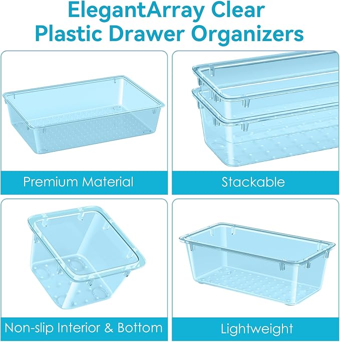 ElegantArray 12-Piece Drawer Organizer Set, 4 Sizes Versatile Plastic Vanity Organizer for Makeup, Stationery, Gadgets, in Kitchen, Bathroom, Office, and Bedroom, Sea Blue
