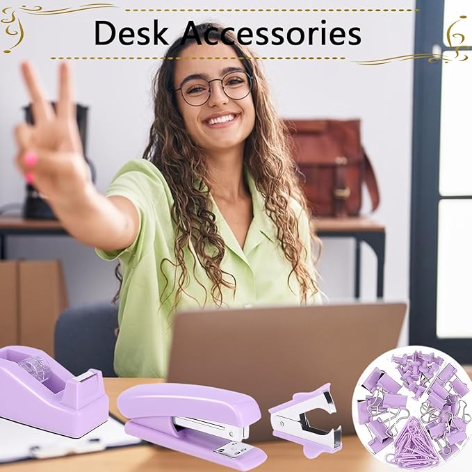 Office Supplies Set,Desk Accessories,Stapler and Tape Dispenser Set,1000 Staples,Staple Remover,Hinder Clips,Scissor,Index Tabs,Clear Tape,Ballpoint Pen,Coworkers(Purple)