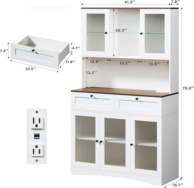 HUAHUU 71" Kitchen Pantry Cabinet with Lights & Acrylic Doors, Pantry Storage Cabinet with Microwave Stand, Kitchen Hutch Food Cabinets with Charging Station, Adjustable Shelves, White