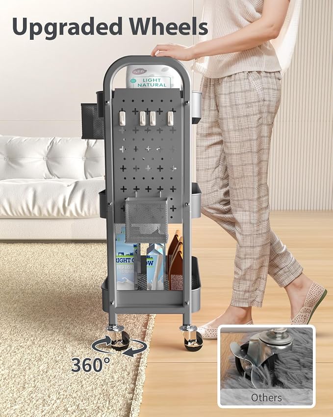 ALVOROG 3 Tier Metal Rolling Utility Cart with Pegboards,Baskets,Hooks,Gray | More Storage Craft Cart with Pegboards,Lockable Wheels,Hooks & Baskets to Organize Kitchen,Office,Bedroom and DIY Supplies
