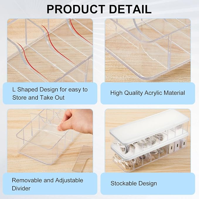 Tatuo 1 Pcs Cord Organizer for Drawer Desktop, Cable Organizer Box with 8 Compartments and Wire Ties, Plastic Charger Storage with Lid, Electronics Case for Home Office Accessories (Small,Clear,White)