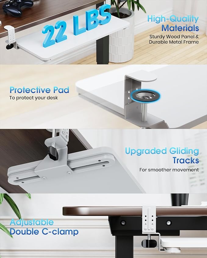Small Keyboard Tray Under Desk, Pull Out Keyboard & Mouse Tray with Adjustable C-clamp, 20(25.9 Including Clamps) x 11.8 Inch Slide Out Computer Keyboard Drawer Mouse Tray for Typing, White