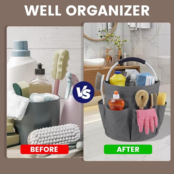 Cleaning Caddy with Handle, 17L Cleaning Supplies Organizer, Grey | 600D Oxford Fabric Storage Basket with 6 Pockets, Multifunctional Bucket Bag for Picnics, Camping, Gardening, Bathing