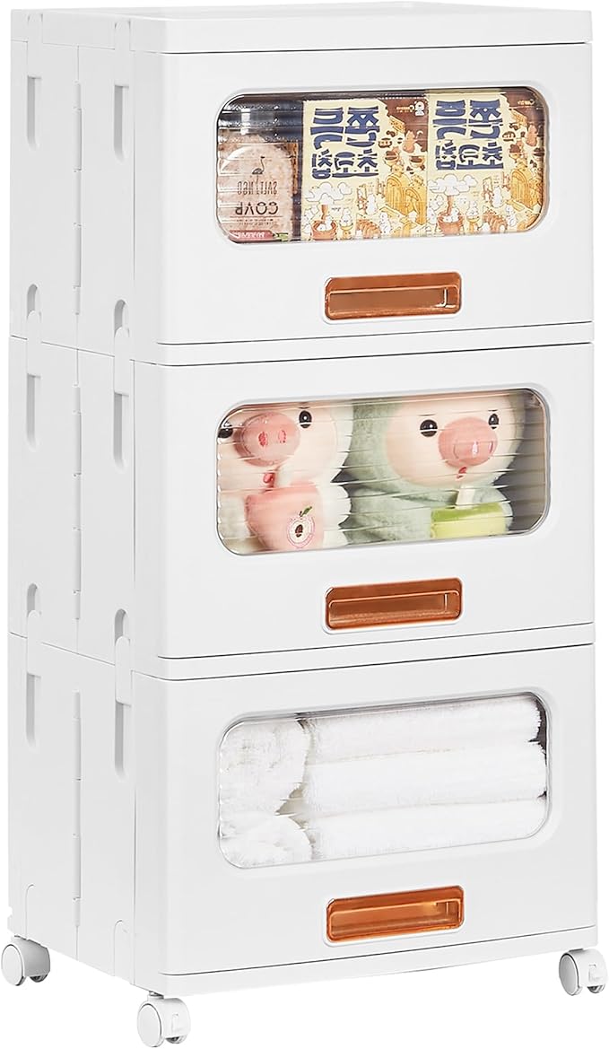 VECELO Storage Cabinet with Drawer, Pull-Out Stackable Bins with Wheels, Waterproof Modular Organizer, Multi-Tier Closet Storage for Bedroom, Living Room & Bathroom, Medium 3-Tier