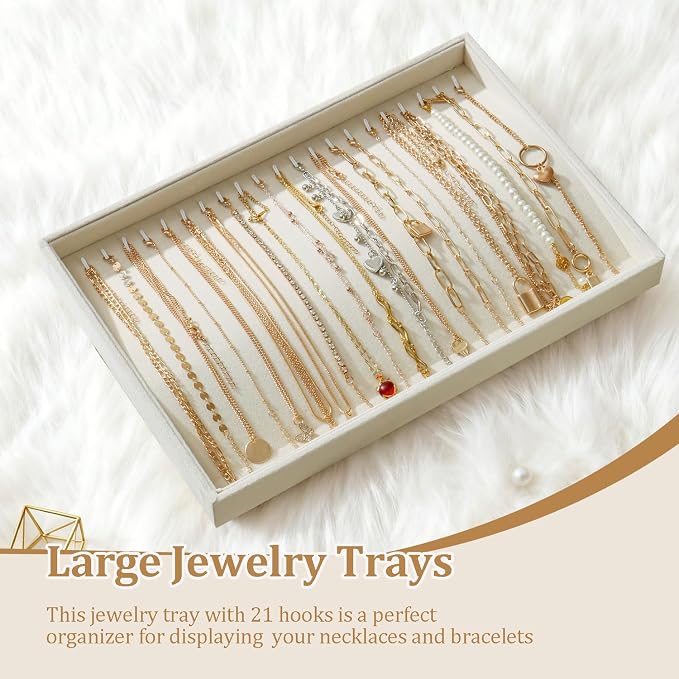 Large Jewelry Organizer for Drawer Insert Velvet Stackable Jewelry Trays for Earring Necklace Bracelet Ring Display (Beige, 21 Hooks)