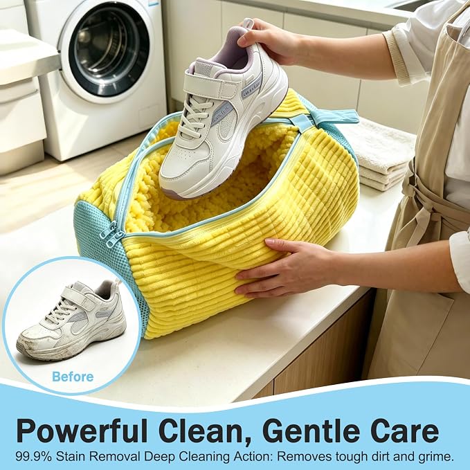 Dual Independent Compartments Shoe Washing Bag for Washer Dryer, Chenille Reusable Laundry Shoe Cleaner Bag for Sneakers Tennis Shoes, Yellow