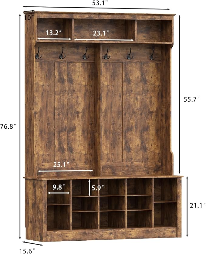 Wodeer Hall Tree with Bench and Shoe Storage, 53" Farmhouse 4-in-1 Mudroom Storage Organizer with Coat Rack, 6 Hooks, 12 Shoe Cubbies, Adjustable Shelf, for Entryway, Hallway, Living Room, Brown