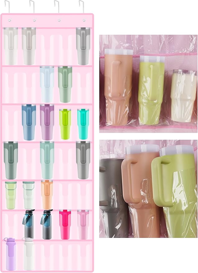 NiHome 35-Pocket Door Hanging Cup Organizer Fit for Stanley Tumbler 30 40oz | Large Capacity Over the Door Water Bottle Storage with Nano Tape, Waterproof Oxford Fabric, U-Shaped Handle Slots (Pink)