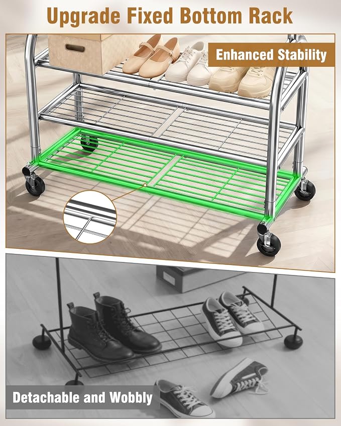 EAGMAK Heavy Duty Clothes Rack for Hanging Clothes Load 688 LBS, Height Adjustable Rolling Clothing Racks, Portable Metal Coat Rack Garment Wardrobe with Wheels and 3 Shelves for Bedroom, Silver
