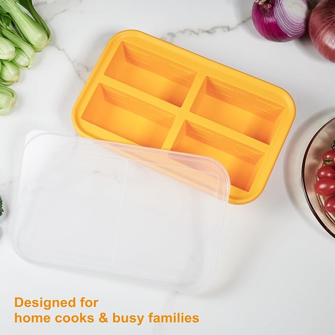 Bangp 1-Cup Silicone Freezer Molds with Lid for Soup Ice Cubes,2 Pack | Food Freezer Molds with Steel-reinforced Rim for Meal Prep,Freezing Soup,Rice,Broth & More,Makes 8 Perfect 1 Cup Portions